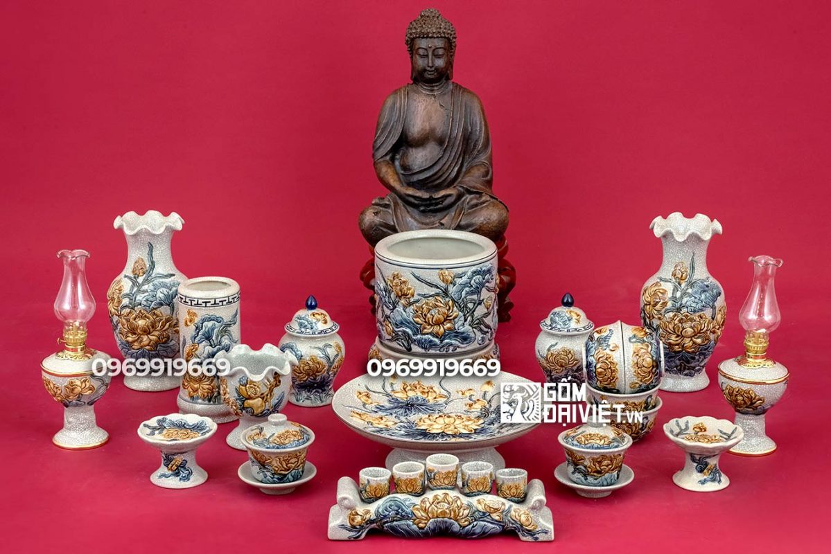 Bộ đồ thờ cúng Phật đắp nổi sen men rạn S4