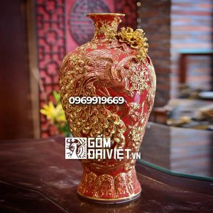 Bình gốm phong thủy mai bình tích lộc phượng vẽ vàng nổi màu đỏ