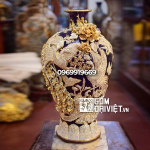 Bình gốm phong thủy mai bình tích lộc phượng vẽ vàng màu xanh đen