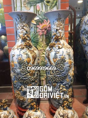 Lộc bình chim công đắp nổi men rạn