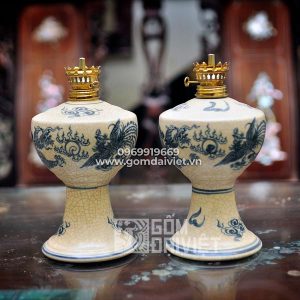 Đèn dầu bàn thờ men rạn cổ rồng phượng 18cm