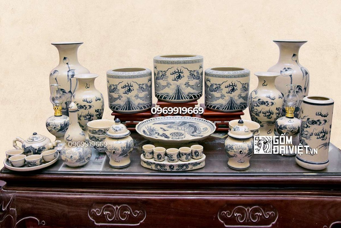 Bộ đồ thờ gốm sứ men rạn cổ vẽ rồng lam đầy đủ Bát Tràng