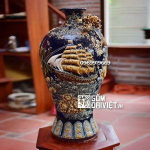 Quà tân gia mai bình tích lộc thuận buồm xuôi gió đắp nổi xanh đen 52cm