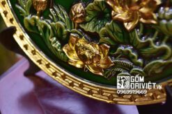 Quà tân gia nhà mới đĩa cảnh tùng hạc sen dát vàng men ngọc lục 40cm