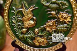 Quà tân gia nhà mới đĩa cảnh tùng hạc sen dát vàng men ngọc lục 40cm