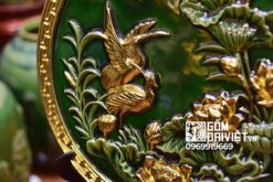 Quà tân gia nhà mới đĩa cảnh tùng hạc sen dát vàng men ngọc lục 40cm