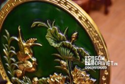 Quà tân gia nhà mới đĩa cảnh tùng hạc sen dát vàng men ngọc lục 40cm