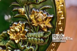 Quà tân gia nhà mới đĩa cảnh tùng hạc sen dát vàng men ngọc lục 40cm