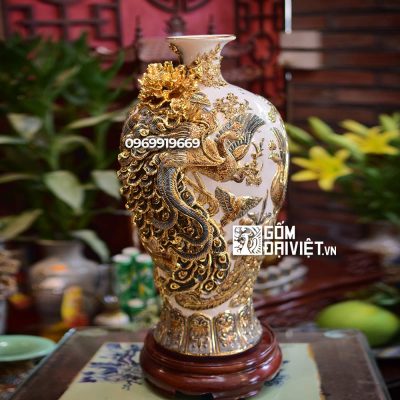 Mai bình tích lộc chim công vẽ vàng màu trắng quà tặng sếp nữ