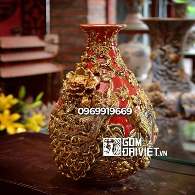 Tỳ bà gốm phong thủy vẽ vàng màu đỏ quà tặng sếp nữ 