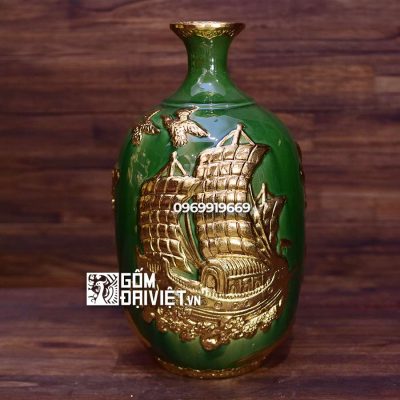 Bình gốm phong thủy men ngọc lục bảo dát vàng biếu sếp nam