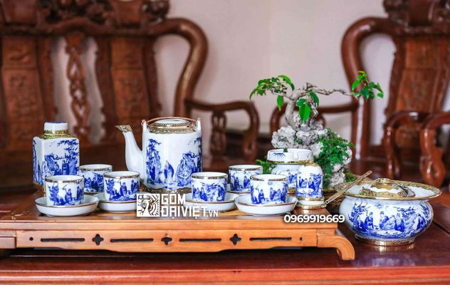 Ấm chén men lam cổ bọc đồng quà tặng sếp lên chức