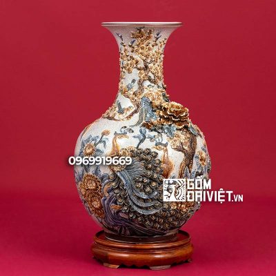 Bình gốm phong thủy tỏi chim công đắp nổi quà tặng sếp về hưu