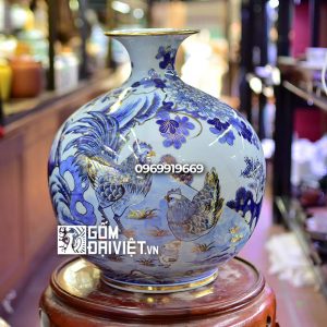 Bình hút tài lộc gà trống hoa mơ men lam vẽ vàng