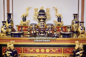 Bộ đồ thờ cúng men Thúy Lam dát vàng cao cấp đầy đủ