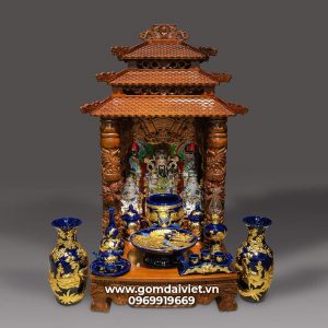 Bộ đồ thờ thần tài men Thúy Lam dát vàng cao cấp Bát Tràng