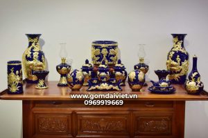 Bộ đồ thờ thổ công men Thúy Lam cao cấp dát vàng Bát Tràng