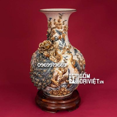 bình gốm tỏi chim công đắp nổi quà tặng sinh nhật sếp nữ