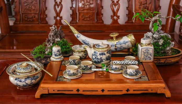 Bộ ấm chén men rạn bọc đồng cao cấp Bát Tràng quà tặng tết cho sếp