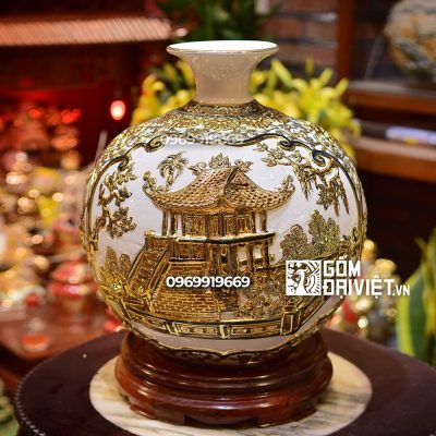Bình hút tài lộc Chùa một cột đắp nổi vẽ vàng tặng quà tết cho sếp