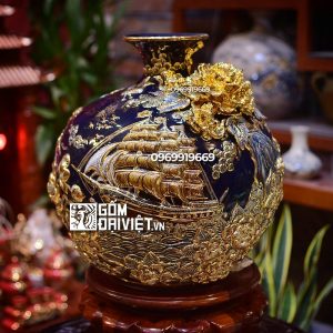 Bình hút tài lộc thuận buồm xuôi gió men xanh đen vẽ vàng Bát Tràng 35cm