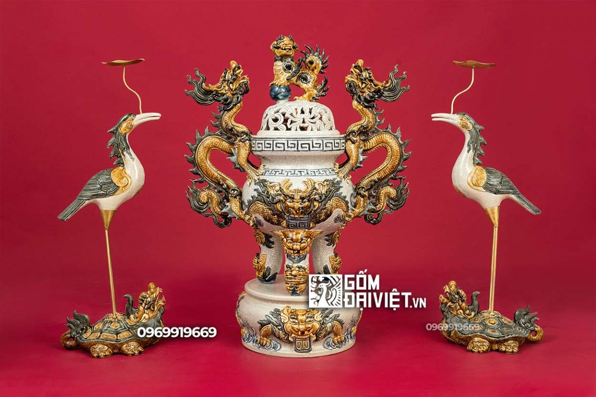 Bộ đỉnh hạc gốm sứ men rạn đắp nổi cao cấp Bát Tràng 60cm