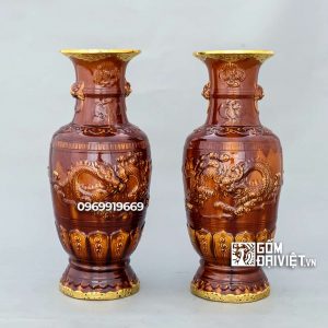Lọ lộc bình cắm hoa men hoàng thổ đắp nổi song long 55cm