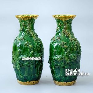 Lọ lộc bình cắm hoa men ngọc lục bảo công đào đắp nổi 36cm