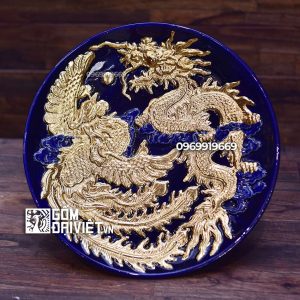 Mâm bồng men thúy lam đắp rồng phượng dát vàng phi 25