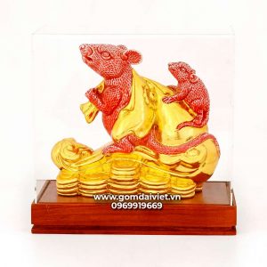 Tượng gốm chuột phong thủy Canh Tý dát vàng màu đỏ 20cm