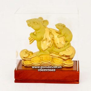 Tượng gốm chuột phong thủy Canh Tý dát vàng màu vàng 20cm