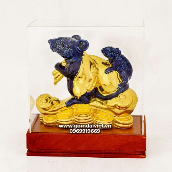 Tượng gốm chuột phong thủy Canh Tý dát vàng màu xanh đen 16cm