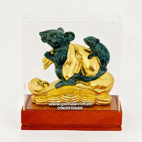 Tượng gốm chuột phong thủy Canh Tý dát vàng xanh ngọc 22cm