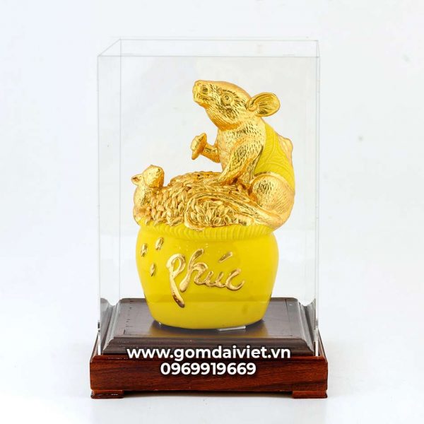 Tượng linh vật Chuột Sa Chĩnh Gạo Canh Tý dát vàng màu vàng 24cm