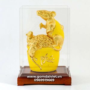 Tượng linh vật Chuột Sa Chĩnh Gạo Canh Tý dát vàng màu vàng 30cm