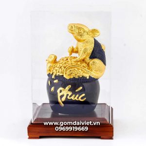 Tượng linh vật Chuột Sa Chĩnh Gạo Canh Tý dát vàng màu xanh đen 24cm