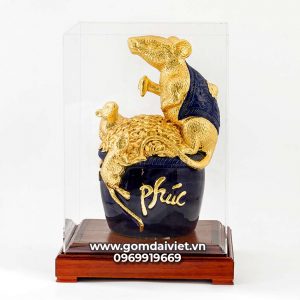 Tượng linh vật Chuột Sa Chĩnh Gạo Canh Tý dát vàng màu xanh đen 30cm