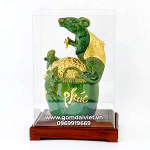 Tượng linh vật Chuột Sa Chĩnh Gạo Canh Tý dát vàng xanh ngọc lục bảo 30cm