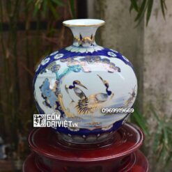 Bình hút lộc Nhị Cảnh Tùng Hạc Hươu Đào - Vẽ vàng men lam - 30cm