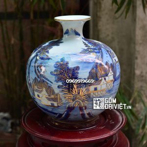 Bình hút tài lộc men lam vẽ vàng - Vẽ Cảnh Sơn Thủy - 30cm