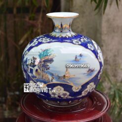 Bình hút tài lộc nhị cảnh vẽ sơn thủy vẽ vàng men lam 35cm