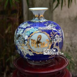 Bình hút tài lộc Vạn Sự Như Ý men lam Bát Tràng vẽ vàng 24K 35cm