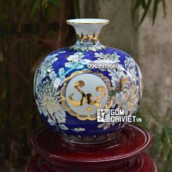 Bình hút tài lộc Vạn Sự Như Ý men lam Bát Tràng vẽ vàng 24K 35cm