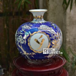 Bình hút tài lộc Vạn Sự Như Ý men lam Bát Tràng vẽ vàng 24K 35cm