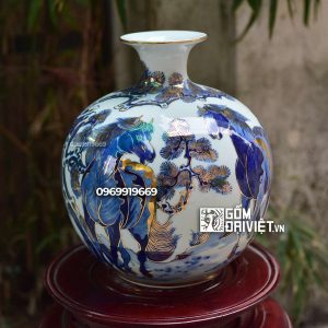 Bình hút tài lộc vẽ Song Mã cây tùng men lam vẽ vàng 24K 30cm