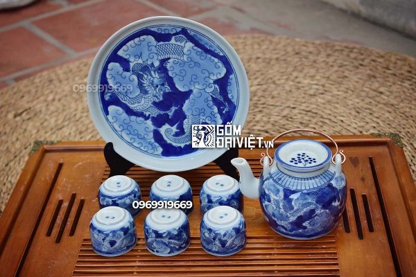 Bộ ấm chén Long Ẩn Giả cổ Bát Tràng khay tròn