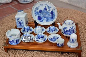 Bộ ấm chén Trúc Lâm Thất Hiền men lam giả cổ Đầy đủ phụ kiện