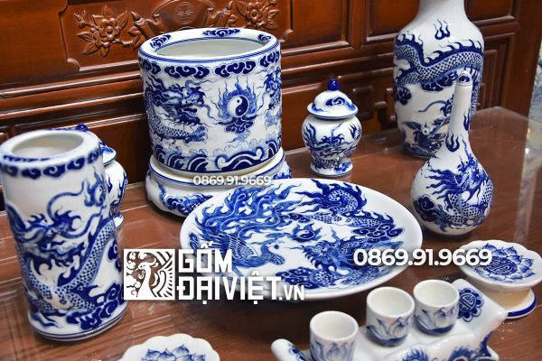 Bộ đồ thờ Bát Tràng Men Trắng đắp nổi Rồng