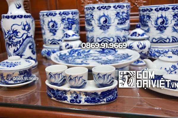 Bộ đồ thờ cúng Bát Tràng Men Lam Đắp Nổi