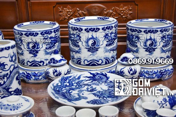 Bộ đồ thờ cúng Bát Tràng Men Lam Đắp Nổi